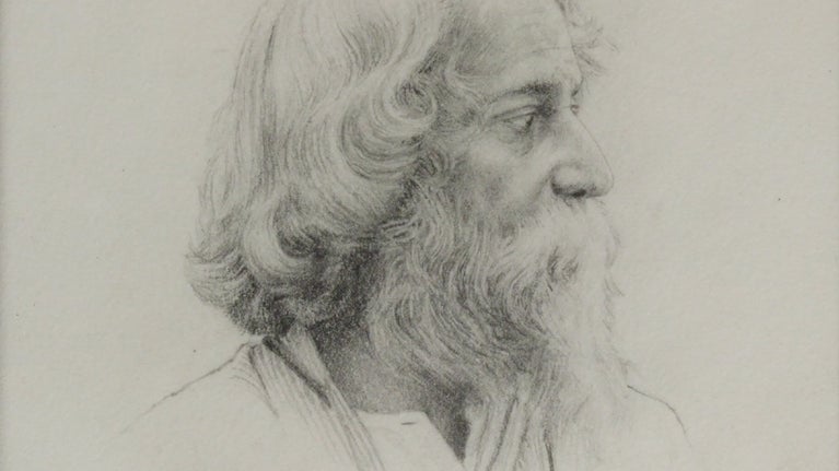 Pencil portrait on paper of Rabindranath Tagore by Singannachar Narasimha Swamy which can be seen at Shaw's Corner, Hertfordshire